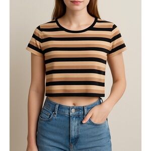 Apostrophe Petite Striped Short Sleeve Top Women's Size L(14–16) Stretch Tee